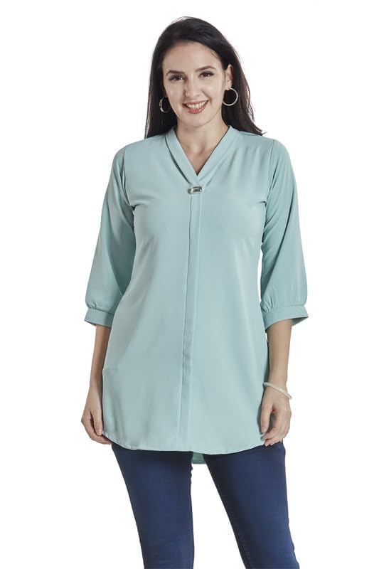 Image of nioni Women's Purple Poly Linen Blend Tunic Top with 3 /4 Sleeves, Printed Yoke, Kantha Stitch Detailing & Mandarin Collar
