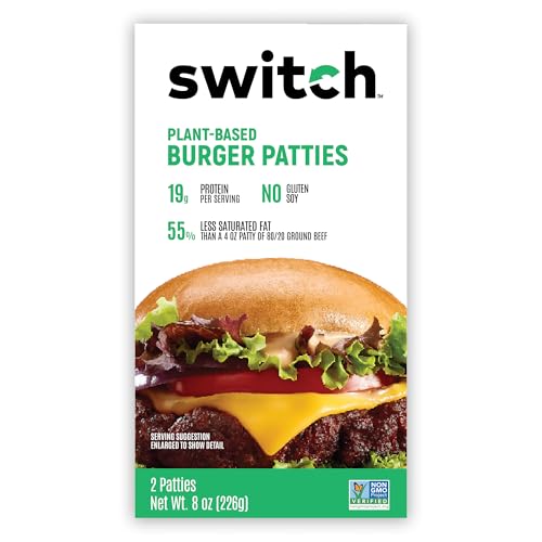 Switch Foods Plant-Based Burger Patties | High-Protein | Soy, Gluten, GMO, Dairy & Allergen Free | 19g Protein | Halal & Kosher | 2 Patties | 8 Oz