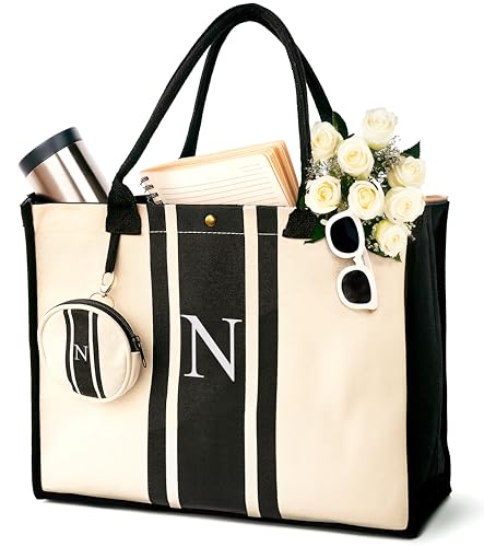 Initial Canvas Tote Bag - Embroidered Letter Beach Bag, Monogrammed Personalized Gift Bag For Women, Make Up Purse