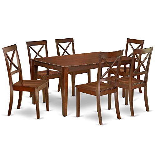 East West Furniture CABO7-MAH-W Mid Century Set 7 Piece-Wooden Chairs Seat-Mahogany Finish Kitchen dining room Table and Frame, 7