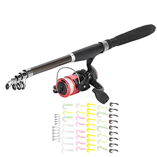 Kit de caña de pescar, kit de caña de pescar telescópica y carrete con 42 señuelos de cebo suave y bolsa de aparejos de pesca de 50 cm para agua salada y agua dulce