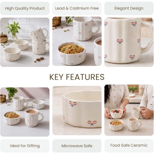 Image of The Earth Store Cream Bow 250ML Ceramic Bowl Set of 2 & 300ML Coffee Mug Set of 2 | Microwave & Dishwasher Safe Mug and Bowl Combo Set for Serving Tea Snack | Perfect for Gifting & Daily Use