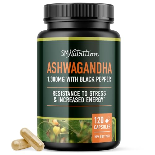 Ashwagandha Supplement 1300mg | High Strength Resistance to Stress & Increase Energy | Organic Ashwagandha Powder Capsules with Black Pepper for Increased Absorption | 120 Count 2-Month Supply