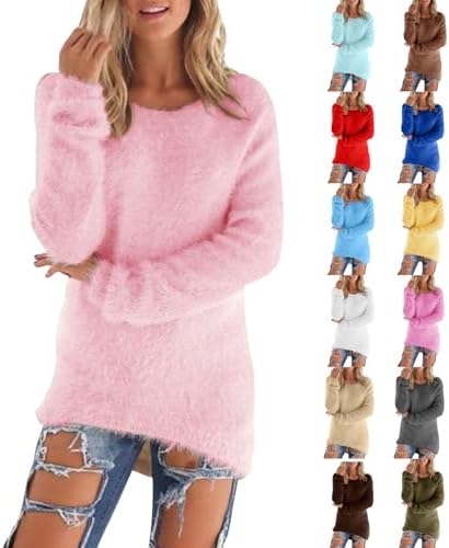 fartey Fuzzy Sweater for Women Cozy Fleece Sweater Casual Crewneck Long Sleeve Thermal Soft Pullover Winter Clothes 2025
