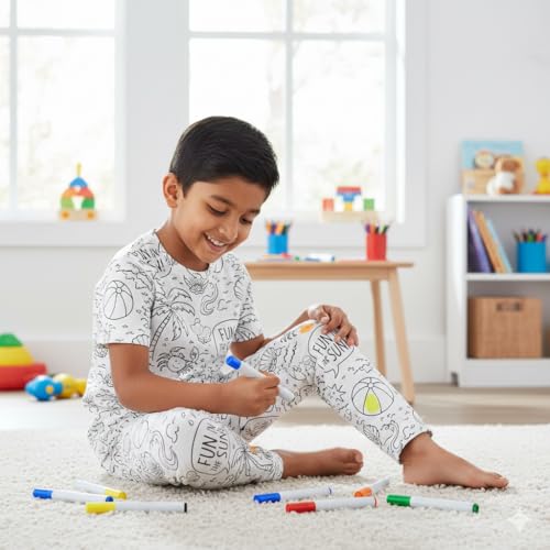 Image of Soft Lycra Reusable Kids T-Shirt & Pant Set with 10 Washable Marker Pens | DIY Coloring Clothes for Boys & Girls | Reusable Creative Pajama Gift Set(4-5 Year) (Fun and Sun)