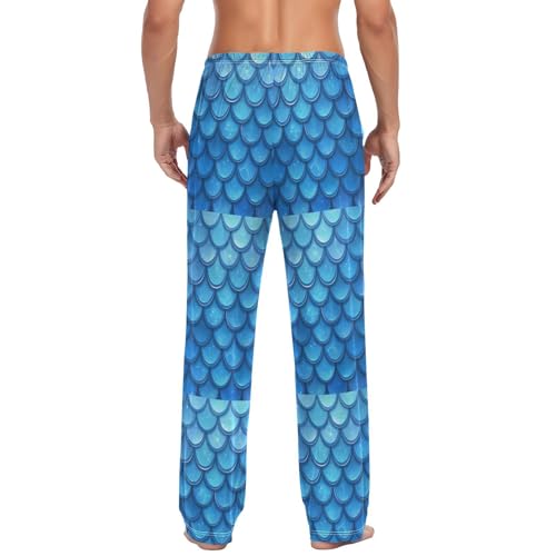 Men’s Blue Mermaid Scales Pajama Pants with Pockets, Comfortable Lounge Sleep Bottoms#3132