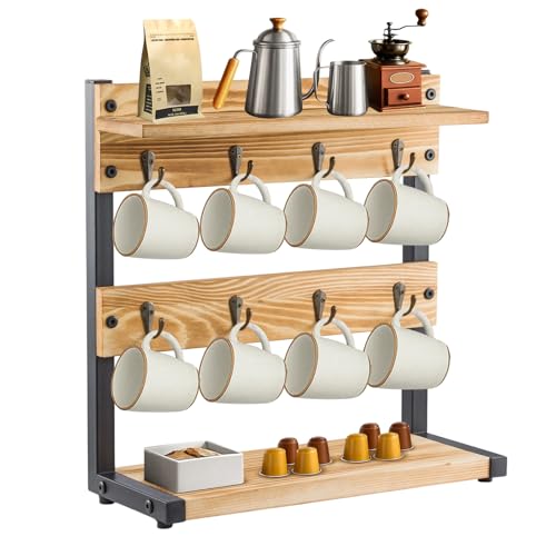 2-Tier Mug Tree with Storage Base 16-Hook Countertop Cup Holder Organizer
