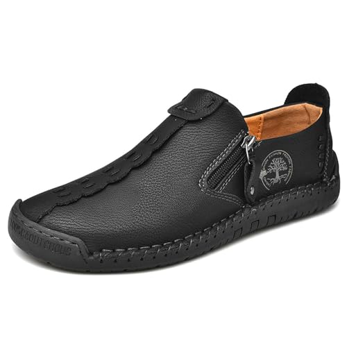 Men's Loafers Shoes Casual Handmade Walking Breathable Comfortable Leather Stitching Office Business Zipper Flat Moccasins