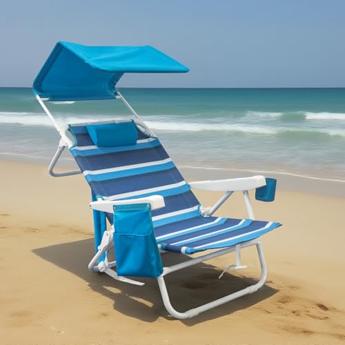 WTVIDAS 2 Pack Beach Chair with Canopy Shade, 5 Positions Lay Flat Textilene Reclining Beach Chair with Backpack Straps, Cooler Bag & Cup Holder for Outdoor Lawn Camping