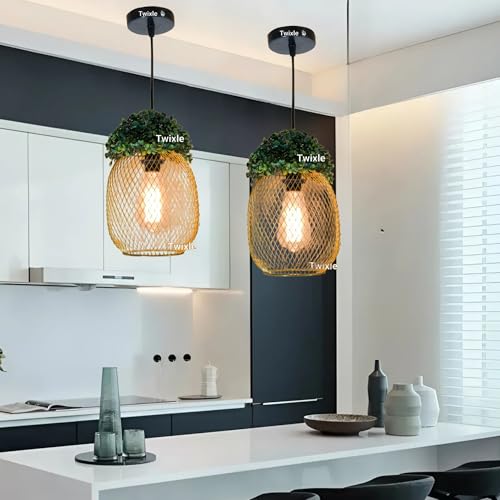 Image of Metal Golden Green Grass Pineapple Shape Hanging Light, Ceiling Light for Home Decor, Pendant Light for Resataurant, Cafe, Balcony, Garden, Kitchens (E27 Bulb Base) (Pineapple) (Without Bulb)