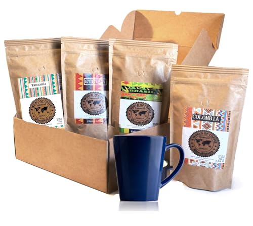 Café pack 4 x 250g en Grano - Seleccion mejores Cafes del mundo Arabicas +Brasil Colombia Etiopia y Tanzania + Caja regalo + Taza vintage - Maxima calidad avalada por la SCA