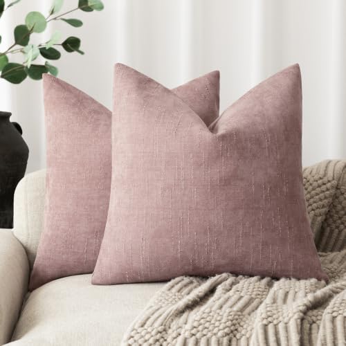 Image of Foindtower Pack of 2 Soft Textured Chenille Throw Decorative Pillow Covers Square Accent Solid Cushion Cover Cozy Neutral Farmhouse Pillow Case for Couch Sofa Bedroom Living Room 20x20 Inch,Dusty Rose