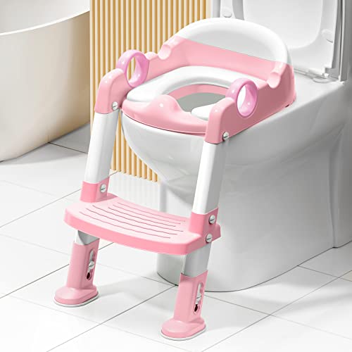 Potty Training Toilet Seat with Step Stool Ladder for Boys and Girls,Toddler Kid Children Toilet Training Seat Chair with Handles,Height Adjustable,Non-Slip Wide Step(Pink)