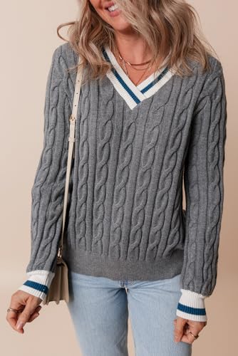 Women's Medium Grey Color Contrast Ribbed Edge Cable Knit V Neck Sweater2