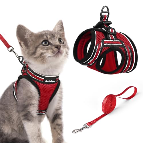 Image of rabbitgoo Cat Harness and Leash Set, Step-in Soft Vest, Red | Escape Proof, Lightweight, Easy-on & Adjustable, Hook & Loop with Buckle, Reflective, for Kittens & Small Cats Walks, S