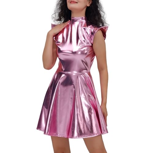 Damen Metallic Minikleid Rave Outfits Ärmellos Glitzer Holographisches Partykleid A-Linie Faltenkleid Skaterkleid Karneval Cosplay Clubwear Space...
