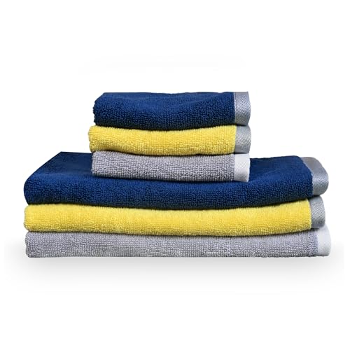 Image of Divine Casa Cotton Hand & Face Towel Set of 6 (500 GSM) | Ultra Soft, Highly Absorbent | 3 Hand Towels (40x60 cm) & 3 Face Towels (30x30 cm) | Yellow, Blue & Grey