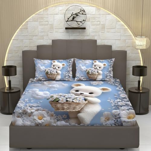 Image of Premium 7D Printed King Size Bedsheet Set with Pillow Covers Soft Cotton Blend Double Bedsheet for Home (Pillow Covers :18x28 inches Bedsheet :90x100 Blue,White)
