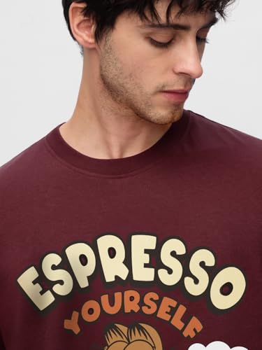 Image of The Souled Store Official Garfield: Espresso Yourself Men and Boys Short Sleeve Round Neck Maroon Graphic Printed Regular Fit Cotton T-Shirts