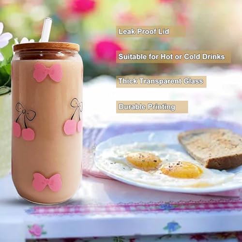 MEOGUTYI Pink Bow Cup, Cute Bow Glass, 16 OZ Glass Cups with Lids and Straws, Coffee Cup, Gift for Her in Graduation Season, Mother's Day, Valentine’s Day, Birthday, Christmas Day — view 3