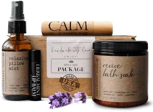 SOULISTIC ROOT Self-Care Set - Luxury Spa Bath Kit, Pillow Mist, Cooling Lip Balm, Tranquil Essential Oil Roller & Epsom Salt Bath Soak Pampering Package, Holistic Gifts for Him & Her