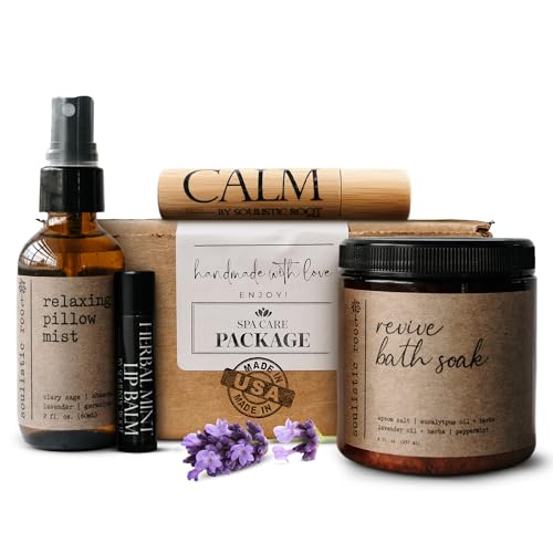SOULISTIC ROOT Self-Care Set - Luxury Spa Bath Kit, Pillow Mist, Cooling Lip Balm, Tranquil Essential Oil Roller & Epsom Salt Bath Soak Pampering Package, Holistic Gifts for Him & Her
