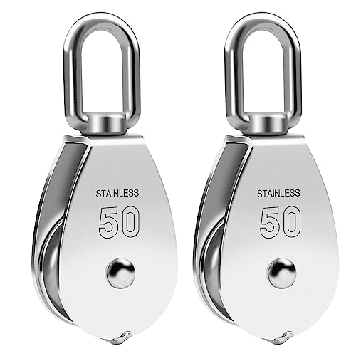 2PCS M50 Single Pulley Snatch Block 304 Stainless Steel Lifting Crane Swivel Hook, 3/8" Rope x 2" Sheave (M50-2PCS)