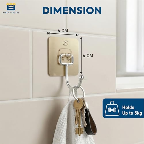 Image of Self Adhesive Long Wall Hooks |No Damage, Easy Installation |Waterproof and Oilproof Stainless Steel Hangers for Bathroom Shower Door Outdoor Home Improvement Utility Hook | (Gold, Pack of 10)