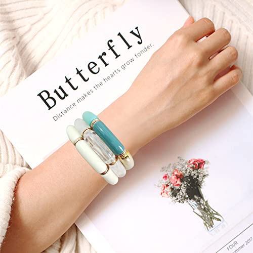 Goojids Bamboo Tube Bangles Bracelet Chunky Curved Stacking Clear Acrylic Colorful Beads Stretchable Friendship Gold Bracelets Gift For Women (Q-Blue 3Pcs Set) #TOP4