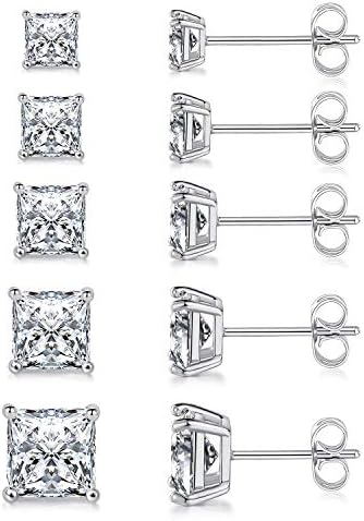 MDFUN 18K White Gold Plated Princess Cut Clear Cubic Zirconia Stud Earring Pack of 5 Pairs