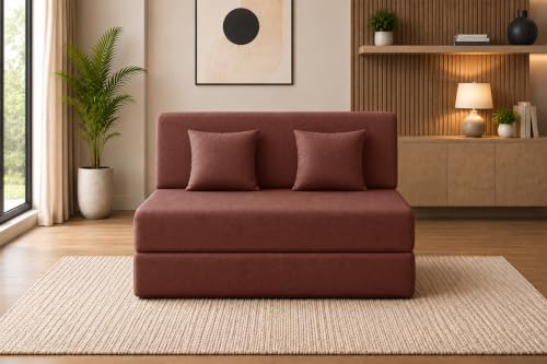 Image of Sofa Cum Bed with Jute Fabric, Convertible Two Seater Sofa Bed 4x6 Ft, Comfortable Cushioned Seating, Space Saving Design for Living Room, Bedroom & Guest Room - Brown Color