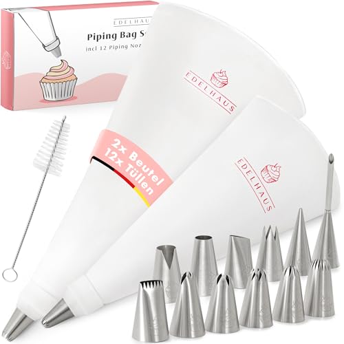 EDELHAUS Premium Spritzbeutel 2er Set (17-teilig) - 30cm und 40cm Baumwolle Spritzbeutel mit Tüllen aus Edelstahl zum Dekorieren von Torten, wiederverwendbar und spülmaschinenfest, inkl. Adapter