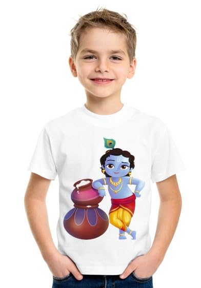 Baby & SonsKrishna White Graphic Polyester DriFit Sports Febric Round Neck Kids Unisex Half Sleeve T-Shirt for Boys and Girls