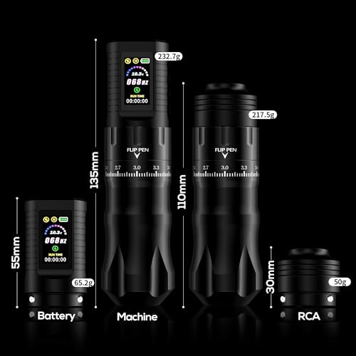 HAWINK Tattoo Kit Tattoo Gun Wireless Tattoo Machine Normal/Stippling Mode 7 Adjustable Stroke 1800mAh Power with RCA Section 20pcs Tattoo Cartridges Needles 7 Colors Ink forTattoo Artists HWE86KIT-1