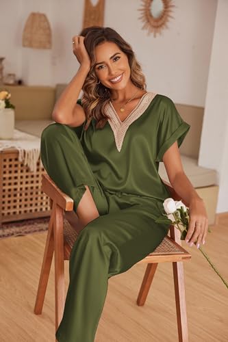 Image of Ekouaer Silk Pajamas Set Womens Lace V Neck Loungewear Short Sleeve Satin Shirt with Long Pant Silky Pjs
