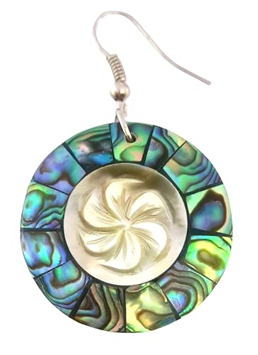 Paua Abalone Shell Earrings, Hand Carved Flower Mother of Pearl Earrings, Dangle Drop Round Abalone Shell Earrings for Women Jewelry CA1382
