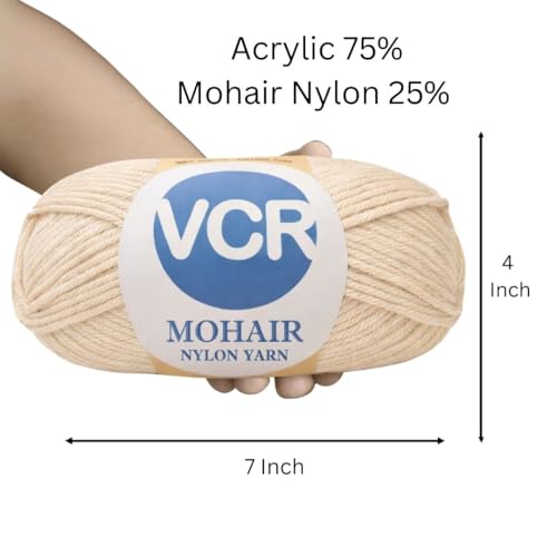 Image of VCR Mohair Nylon Beige Yarn, 100 Grams Hank, 196 Meters Length, Acrylic 75%, Mohair Nylon 25%, Pack of 1 Yarn, Soft Crosia Threads, Suitable for Winter Garments.