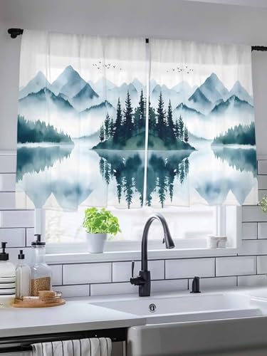 Landscape Painting Green Ombre Sheer Curtains for Living Room Bedroom