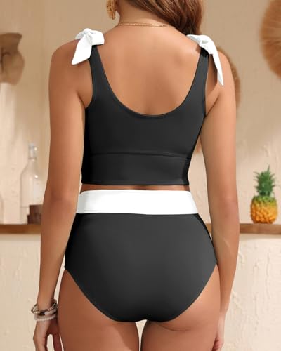 Image of Yonique Two Piece High Waisted Swimsuits Tummy Control Bikini | Full Coverage; Full Lining; Tie shoulder knots to ease ache; Cool airflow via scoop U-back