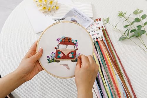 Image of Looples Embroidery Kit for Beginners and Adults with Video Tutorials - Complete Embroidery Starter Kit with 3 Stamped Floral Patterns, Hoops, Threads, Needles, and Instructions (Car, Globe and Camera)