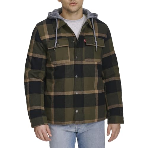 Image of Levi's mens Plaid Sherpa Lined Hooded Shirt Jacket (Regular & Big & Tall Sizes)