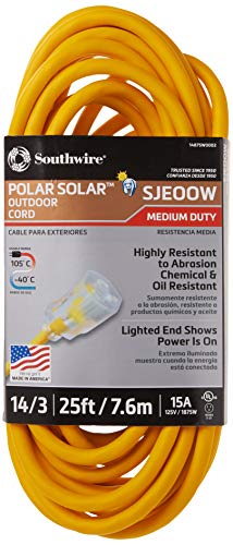 Black Friday - 80% OFF Southwire 01487 25-Foot 14/3 American made Insulated Outdoor Extension Cord with Lighted End, 3-Prong, Yellow