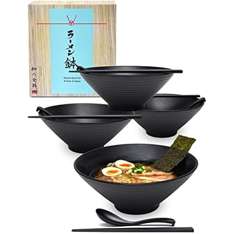4 Sets (12 Piece) 57 Ounce Large Japanese Ramen Noodle Soup Bowl Melamine Hard Plastic Dishware Ramen Bowl Set with Matching Spoon and Chopsticks for Udon Soba Pho Asian Noodles (4, Black, 9 inches) Cover