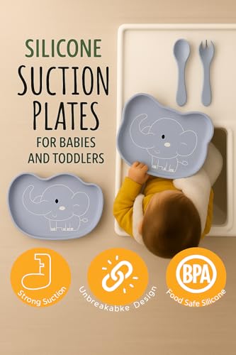 Image of TIGGY & BONNET Elephant 2 Pcs Silicone Baby Feeding Set for Baby Bpa-Free | Microwave Safe, Anti-Slip Base | Tableware Kit for Babies & Toddlers with Suction Plate & Spoon