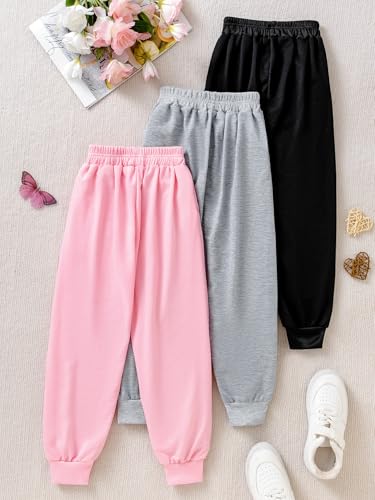 Girls 3 Pack Sweatpants Athletic High Waisted Joggers Pants Black Grey Pink 6-12Y2