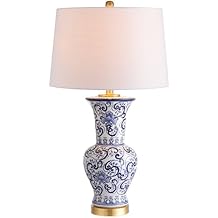 JONATHAN Y 28.5" Blue/White Chinoiserie Ceramic LED Table Lamp, Traditional Hand-Painted Floral Vase Lamp for Living Room, White Linen Shade, LED Bulb Included JYL5014A