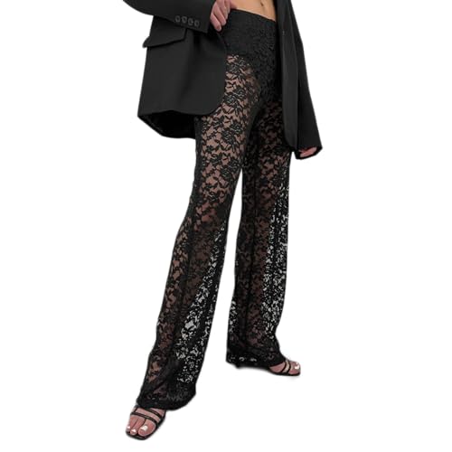 Women Floral Lace Sheer Mesh Pants See Through Straight Leg Pants Hollow Out Trousers Cover Up Y2k