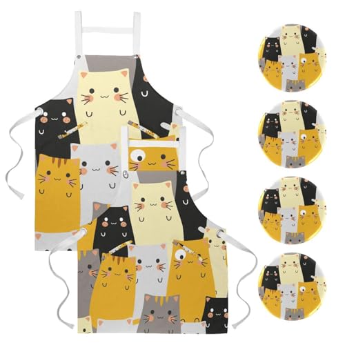 Tablier de cuisine lot de 2 avec 4 broches ajustables et protection anti-taches chat hipster