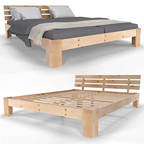 Homelux Holzbett Kiefer Massivholz Bett Doppelbett Balkenbett Bettgestell Bettrahmen Lattenrost 160 x 200 cm Natur