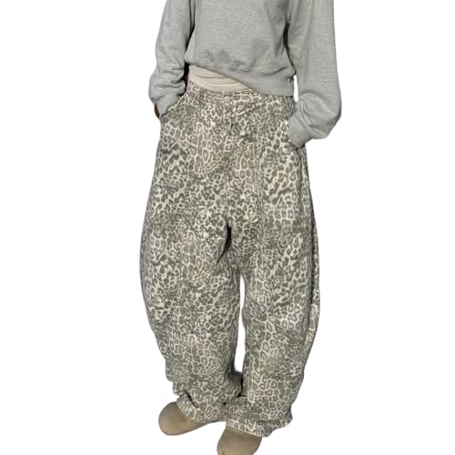 Baggy Jeans Women Men Leopard Barrel Jeans Y2k Baggy Leopard Print Denim Pants Wide Leg Barrel Pants